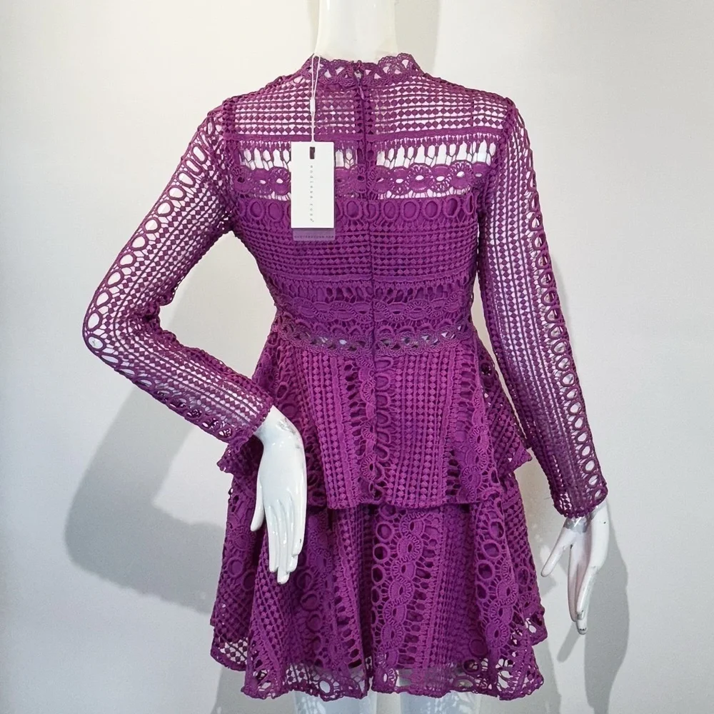 NWT Endless Rose Women's Purple Ornate Lace Long Sleeve Mini Dress Size: XS